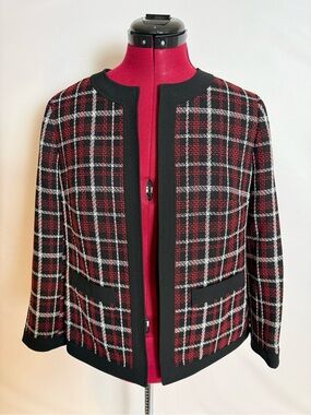 Evan Picone Open-Front Jacket Women's Size 4 Red & Black Plaid 3/4 Sleeves